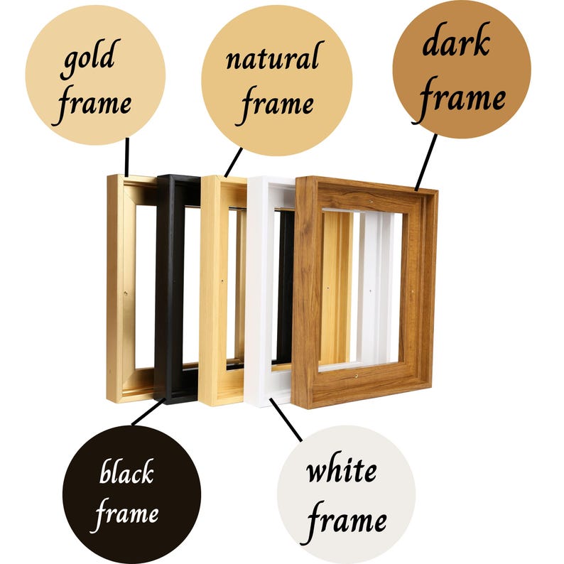 Pode incluir: Uma cole&ccedil;&atilde;o de cinco molduras quadradas flutuantes dispostas em fila. As molduras est&atilde;o dispon&iacute;veis em acabamentos dourado, preto, madeira natural, branco e madeira escura. Cada moldura tem uma etiqueta com texto indicando a cor: gold frame, natural frame, dark frame, black frame e white frame.