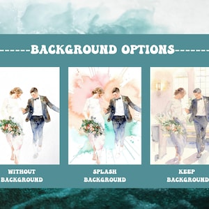 May include: Watercolor illustrations of a couple in wedding attire, with options for background styles. The options include "Without Background", "Splash Background", and "Keep Background". The couple is holding hands and carrying a bouquet of flowers.