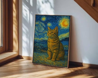 Van Gogh Starry Night Cat Canvas Print: Post-Impressionist Tabby Art