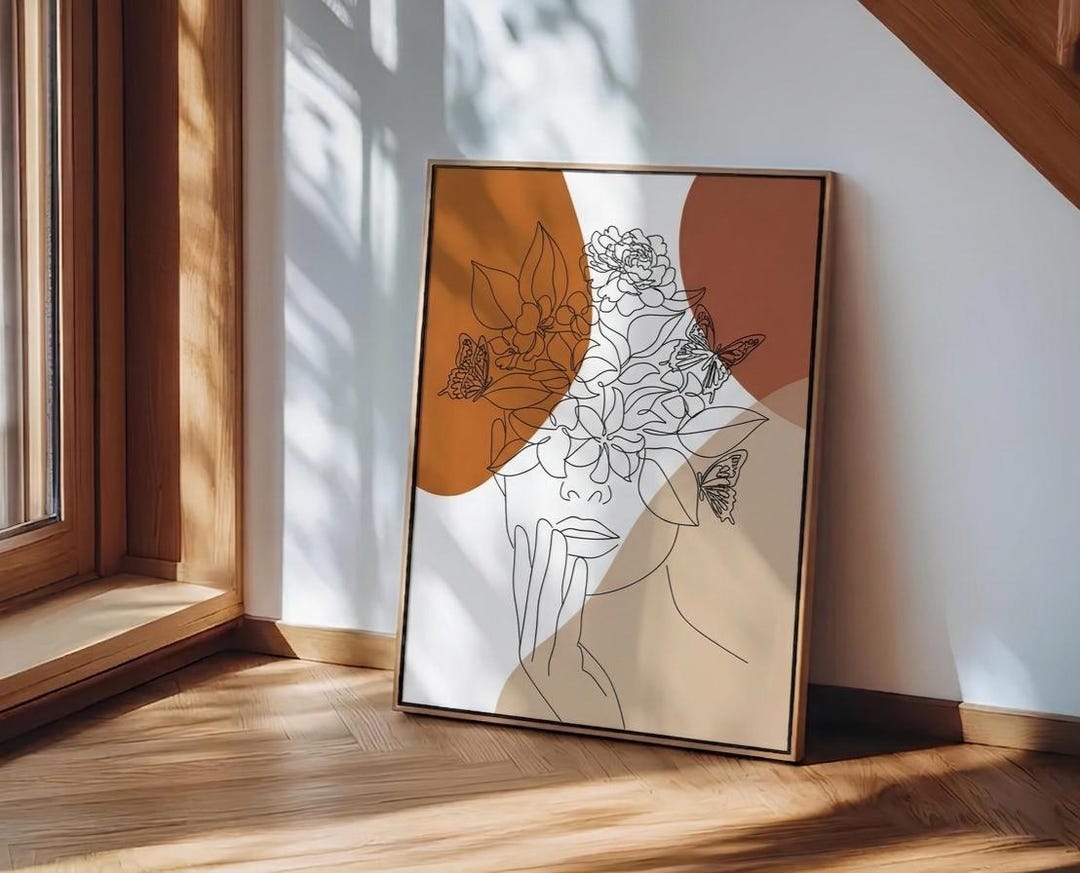 Woman Face Line Art Print Canvas, Boho Floral Wall Art, Minimalist ...