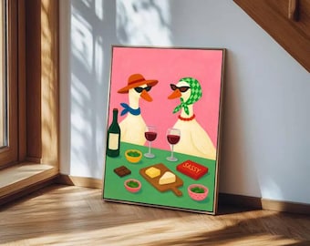 Whimsical Goose Wall Art – Retro Pink Duck Painting with Wine and Cheese – Funny Animal Canvas Print for Kitchen or Dining Room Decor