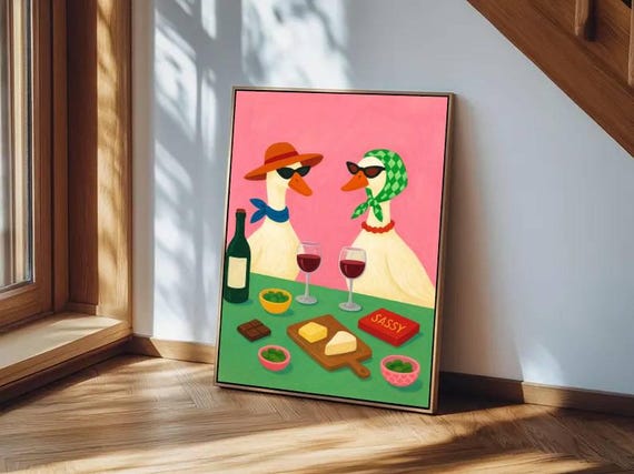 Whimsical Goose Wall Art – Retro Pink Duck Painting with Wine and Cheese – Funny Animal Canvas Print for Kitchen or Dining Room Decor