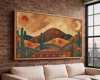 Southwestern Sun Canvas, Boho Mountain Landscape, Floral Home Decor, Large Framed Wall Art, Livingroom Decor, Housewarming Gift