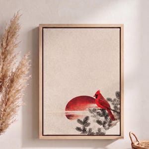 Red Cardinal Wall Art, Japanese Style Bird Print, Minimalist Nature Canvas, Cardinal on Pine Branch Art, Modern Boho Wall Decor