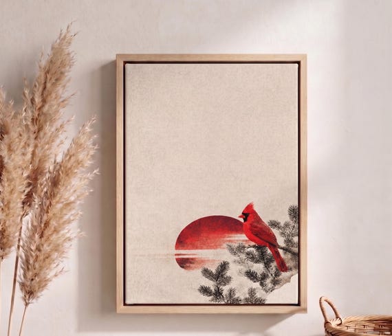 Red Cardinal Wall Art, Japanese Style Bird Print, Minimalist Nature Canvas, Cardinal on Pine Branch Art, Modern Boho Wall Decor