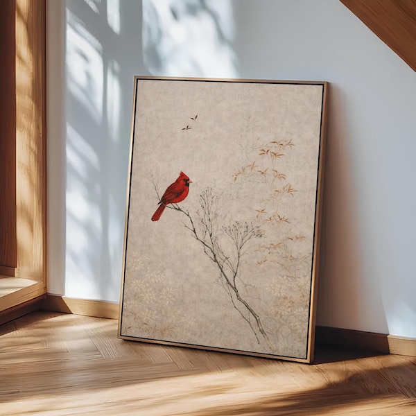 Red Cardinal Bird Wall Art, Minimalist Bird Painting, Neutral Beige Canvas Print, Rustic Nature Artwork, Modern Farmhouse Home Decor