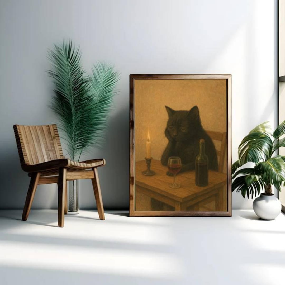 Black Cat With Wine Glass – Moody Whimsical Wall Art Print - Etsy