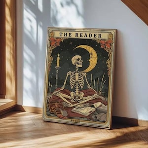 Skeleton Reader Tarot Card Canvas Print - Witchy Book Lover Art
