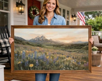 Blue Lupine Wildflower Landscape Oil Painting, Grand Teton Mountain Range Wall Art, Large Panoramic Nature Print, Rustic Western Home Decor