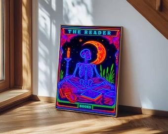 Neon The Reader Tarot Print, Skeleton Reader Tarot Card Wall Art, Book Lover Gift, Witchy Reading Nook Art, Bookish Witchy Library Decor
