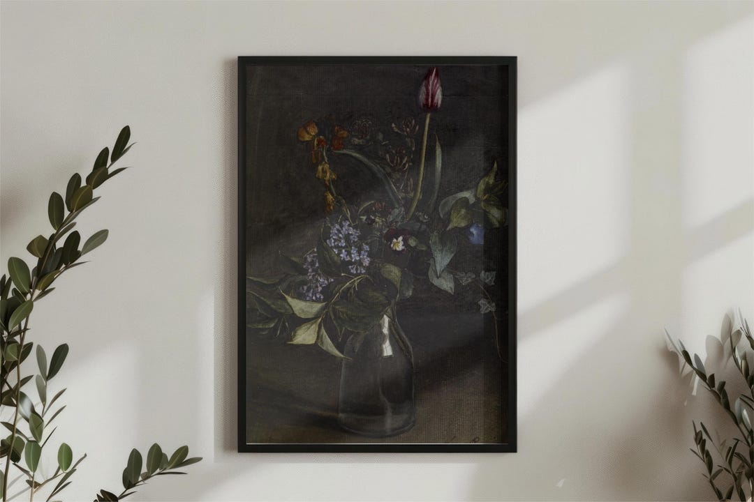 Vintage Floral Still Life Oil Painting, Moody Dark Flower Wall Art ...