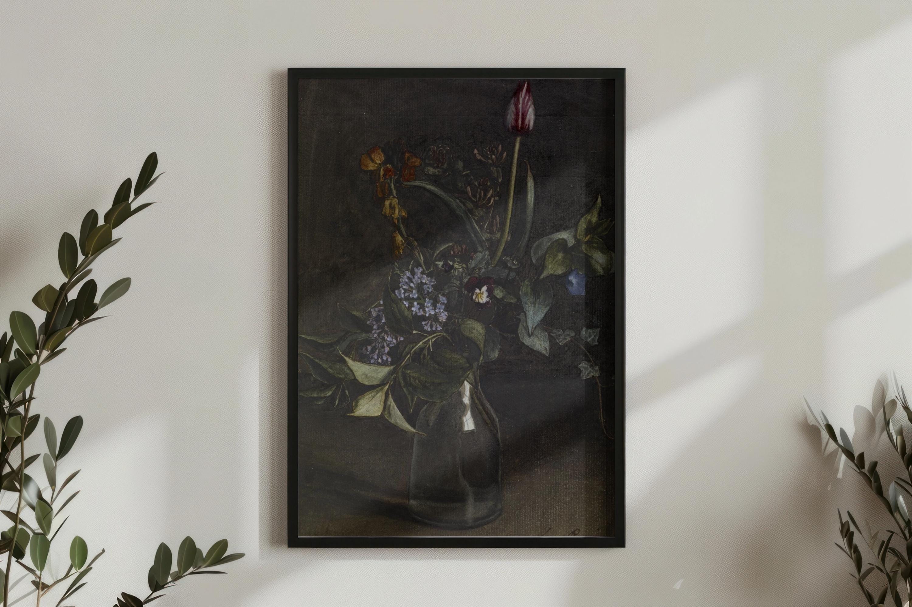 Vintage Floral Still Life Oil Painting, Moody Dark Flower Wall Art ...