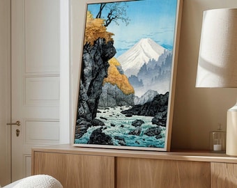 Japanese Landscape Art Print, High-Quality Ukiyo-e Style Wall Art, Majestic Mountain and River Scene Reproduction, Mount Fuji Poster