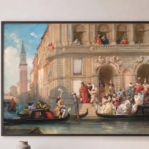 May include: A framed oil painting depicting a Venetian canal scene with figures in colorful masquerade costumes. Gondolas float on the water near a large stone building with arched entrances and balconies. A tall bell tower stands in the background.