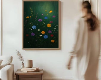Floral Decor, Modern Farmhouse Canvas Art, Wildflower Field Framed Wall Art, Vintage Botanical Landscape Sign, Field Of Flowers Canvas Print