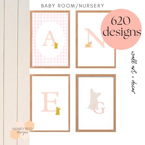 May include: Four framed wall art prints suitable for a baby's room or nursery. Each print displays a letter and a corgi illustration in pink and gold. The prints are in wooden frames. The text "620 designs" is in a pink circle. The words "wall art + decor" are also visible.