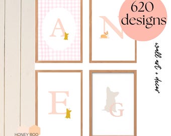Welsh Corgi | Pembroke Corgi I Pink Gingham I Classical Initial Alphabet I Baby Room Nursery Print