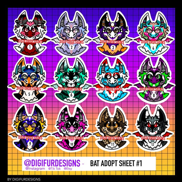 Bat, Dog, Furry, Cute, Headshot, Fursona, OC, Digital Character Adopt By DigiFurDesigns ( No physical item, Purchase 1 at a time)