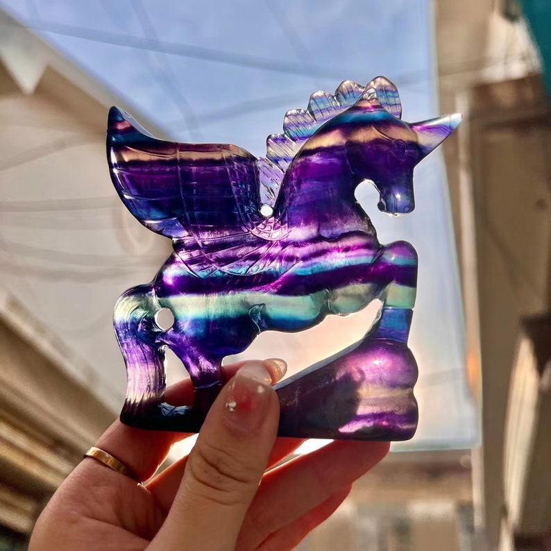 Natural rainbow fluorite quartz crystal hand carved unicorn home decor shops reiki healing crystal gift 1pc
