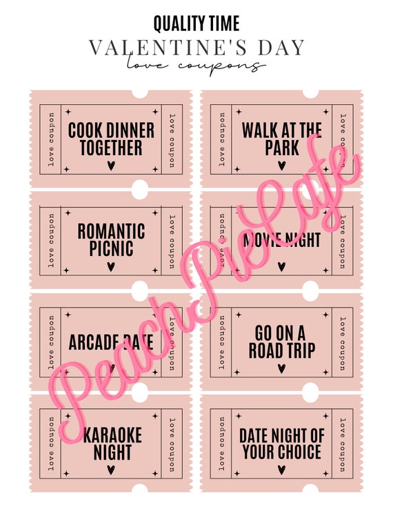 Quality Time Printable Love Coupons, Coupons for Him/Her Valentine's Day Gift Couples, Valentine's Gift, Instant Download, Love Language