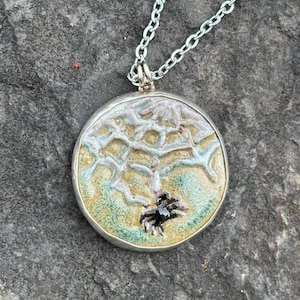 Sterling and Ceramic Round Spider and Web Pendant