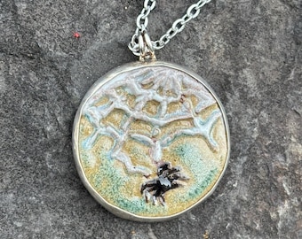 Sterling and Ceramic Round Spider and Web Pendant