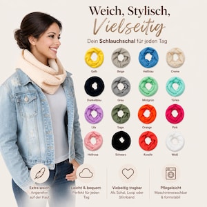 Peut inclure: Une femme porte une écharpe infinie crème et une veste en jean. L'image présente une variété d'écharpes infinies colorées en jaune, beige, bleu, crème, marine, gris, vert menthe, turquoise, violet, sauge, orange, rose, rose clair, noir, corail et blanc.