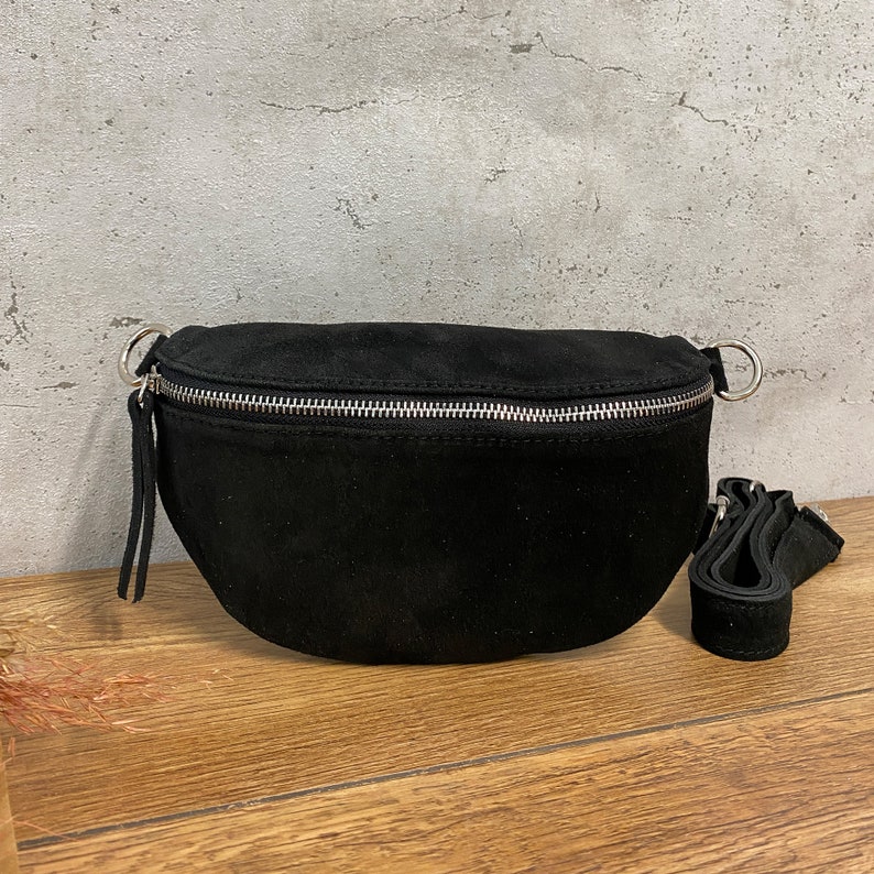 Bauchtasche Veloursleder in 3 Größen S/M/Xl Leder Umhängetasche Crossbody Tasche Gürteltasche Silber Details Schwarz