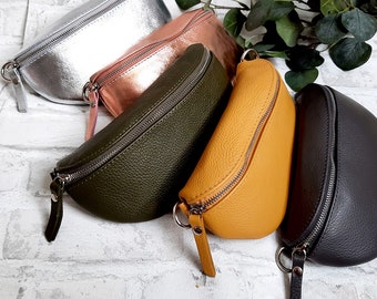 Bauchtasche 22 x 13 x 5 cm mit Goldverschluss Leder Nappaleder Umhängetasche Crossbody Tasche Gürteltasche mit LEDERGURT