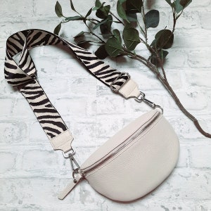 Neu ITALY LEDER Umhängetasche Hüfttasche Bauchtaschen-Set S/M/Xl Schultertasche Tasche Crossbody Gürtel Handtasche Pochette mit TRAGERIEMEN Beige/Silbv-Zebra