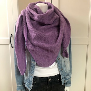 Women's poncho UNI COLOR blogger winter scarf soft triangular shawl with wool bouclé Purple