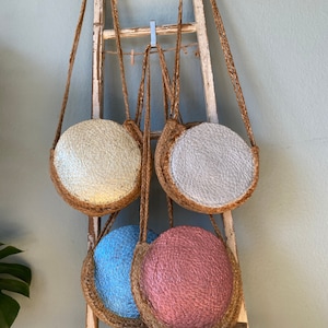 Round Handmade Raffia Beach Bag / Shoulder Bag, Designer Straw Bag - Bridesmaid Gift