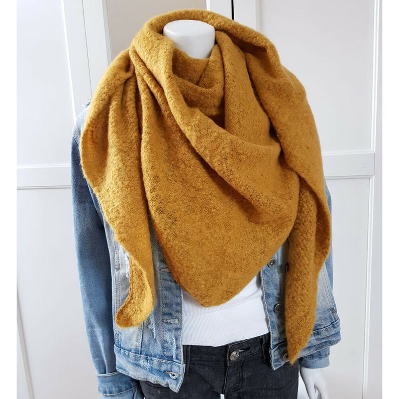 Women's poncho UNI COLOR blogger winter scarf soft triangular shawl with wool bouclé Yellow