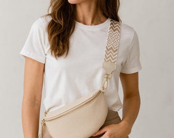 Skórzana saszetka-nerka, beż, miętowa zieleń, różowy zestaw S/Meter/XL, torebka typu crossbody dla kobiet, 5 cm wzorzysty pasek, złote i srebrne okucia, torebka w kształcie półksiężyca, pomysł na prezent