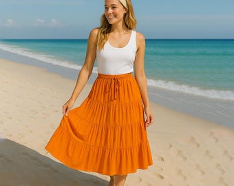Langer Stufenrock Damen - Sommerrock in vielen Farben - Viskose Maxirock mit Dekobommel – Luftiger Boho Rock Leinenoptik hohe Taille A-Linie