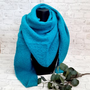 Damen XXL Schal Poncho Winter Dreieckstuch Tuch mit Wolle Bouclé Unifarben Basic Azurblau