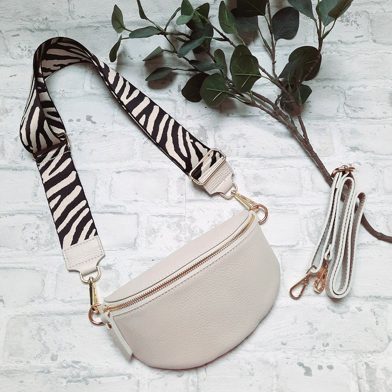 Neu ITALY LEDER Umhängetasche Hüfttasche Bauchtaschen-Set S/M/Xl Schultertasche Tasche Crossbody Gürtel Handtasche Pochette mit TRAGERIEMEN Beige/Goldv-Zebra