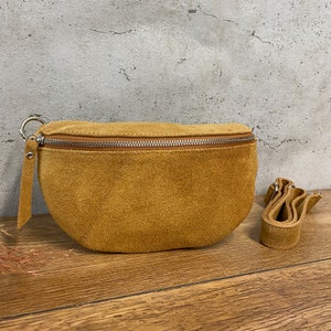 Bauchtasche Veloursleder in 3 Größen S/M/Xl Leder Umhängetasche Crossbody Tasche Gürteltasche Silber Details Ockergelb