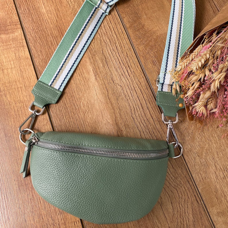 Leren heuptasje S/Meter/XL in zilver/goud met brede riem, schoudertas, crossbody tas Made in Italy heuptas tasriem Mintgrün/Silbv-Strei