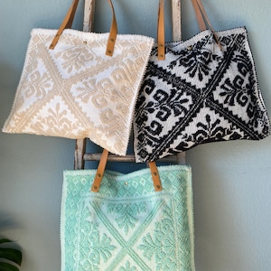 Beach bag shopper boho bag fabric woven leather handle raised pattern