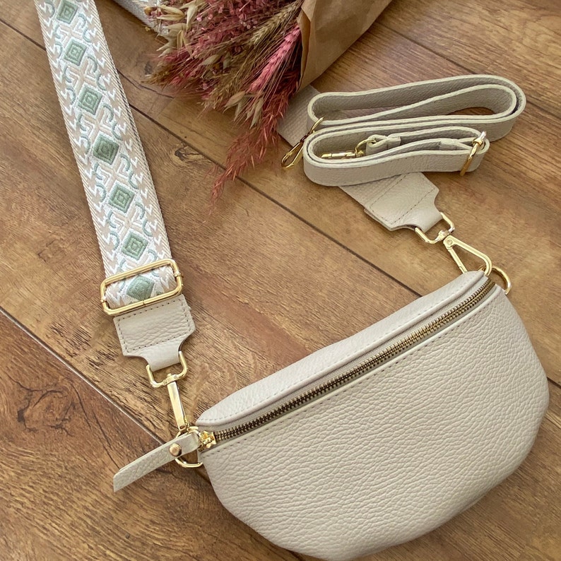 Leren heuptasje S/Meter/XL in zilver/goud met brede riem, schoudertas, crossbody tas Made in Italy heuptas tasriem afbeelding 3