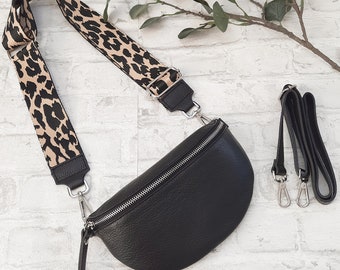 BLACK bum bag with silver closure in S / Meter / XL bag leather shoulder bag crossbody bag bag with FABRIC LEATHER STRAP as a 3-piece SET