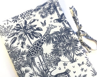 Personalized health record cover Jungle giraffe Toile de Jouy blue