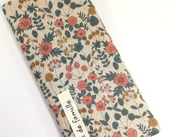 Personalized family record book cover in red and green floral linen, wedding gift idea