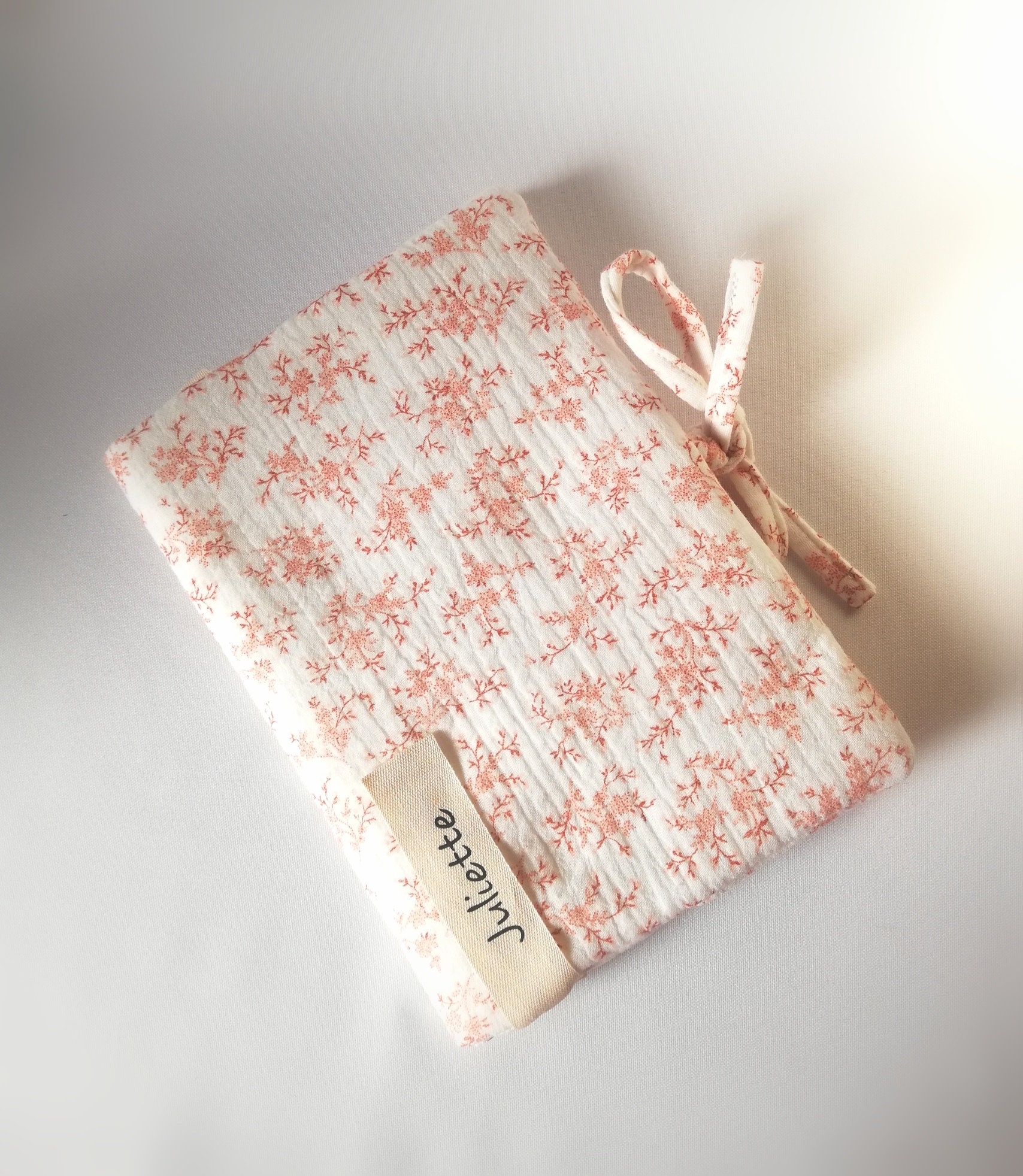 Personalized notebook cover in peach or pink floral double gauze fabric, birth gift idea