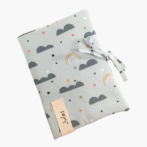 Personalized health record cover customizable blue gray rainbow and small clouds birth gift idea, first Christmas gift