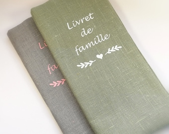 Customizable family booklet cover in green linen, personalized family booklet, family booklet cover