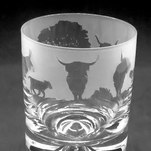 HIGHLAND CATTLE GLASS | 30cl Glass Whisky Tumbler with Highland Cattle Frieze Design