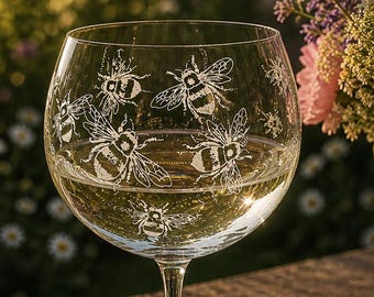 BEE GIN GLASS | 70cl Glass Gin Balloon with Honey Bees Frieze Design