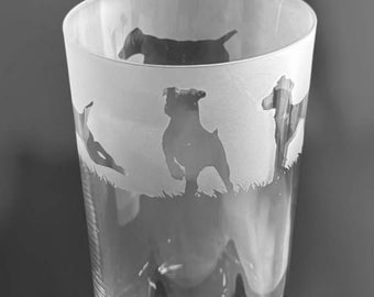 GLAZEN BEKER MET PATROON | Glazen longdrinkbeker van 37,5 cl met gegraveerd Patterdale Terrier-friesontwerp
